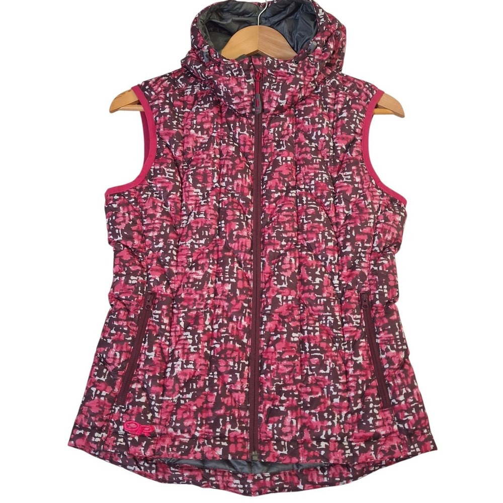 Outdoor Research Aria Print Vest Womens XS Pink Burgundy Hooded Down Puffer